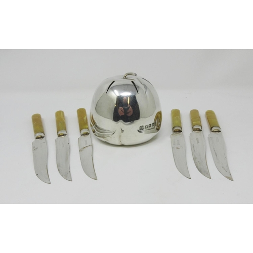 123 - An Elizabeth II silver model of an apple, Edinburgh 1953, with six plated Fruit Knives.