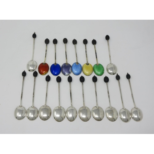 124 - One dozen silver bean handled Coffee Spoons, Sheffield 1905, etc, and six others, with coloured enam... 