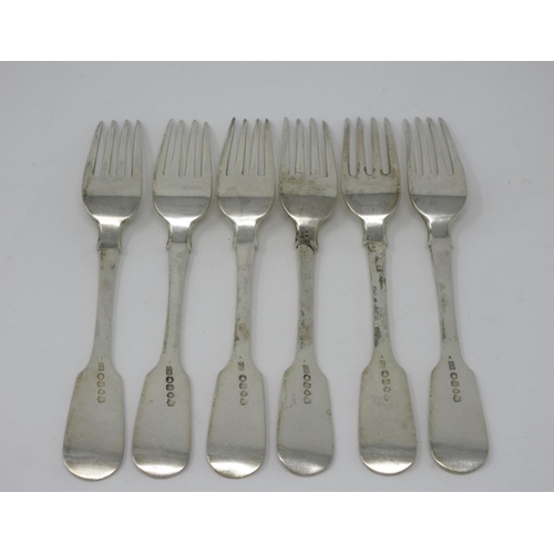 156 - Six Victorian silver Dinner Forks, fiddle pattern engraved bird crest, London 1839, maker: C.B.