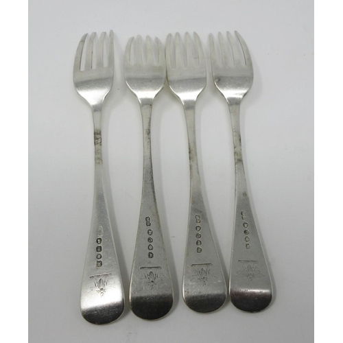 158 - Four George IV silver Dinner Forks, old English pattern engraved insect crest, London 1820 and 1823,... 