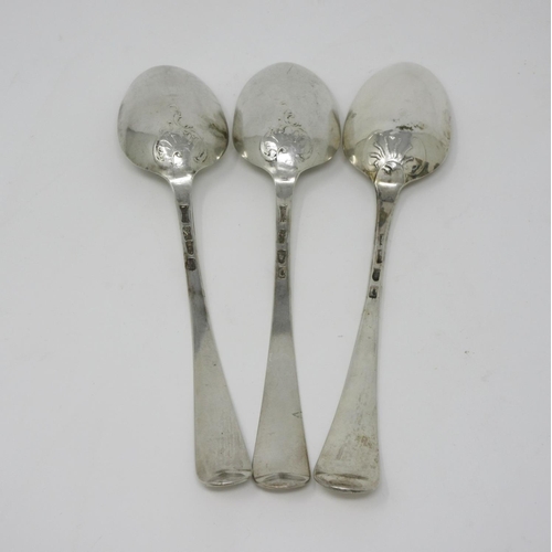 159 - Three George III silver Table Spoons, old English pattern with pattern backs, engraved initials T.R.... 