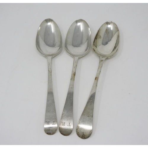 159 - Three George III silver Table Spoons, old English pattern with pattern backs, engraved initials T.R.... 