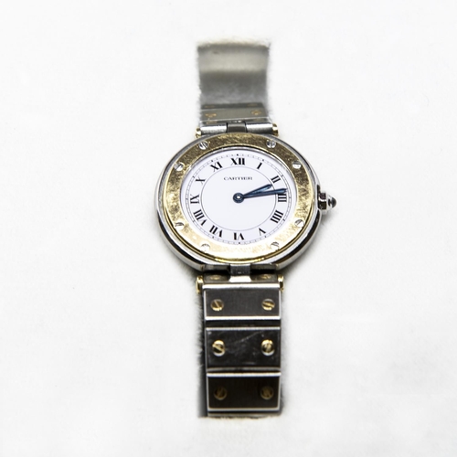 291 - A lady’s Cartier Santos Vendome Quartz Wristwatch, the white circular dial with black Roman numerals... 