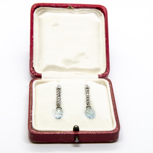 330 - A pair of Diamond and Aquamarine Ear Pendants, millegrain-set column of seven brilliant-cut diamonds... 