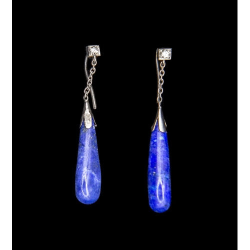 379 - A pair of Diamond and Lapis Lazuli Ear Pendants, each pavé-set, single brilliant-cut diamond suspend... 