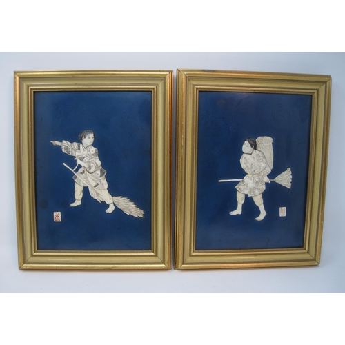 422 - A pair of Japanese Shibayama Pictures of warriors, the carved bone figures on blue ground, signed, i... 