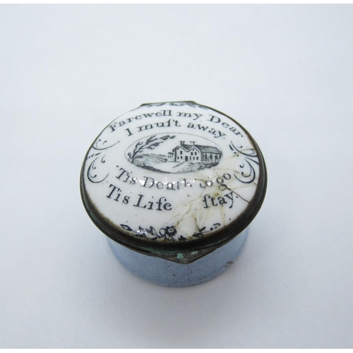 425 - A Bilston enamel circular Pill Box, the hinged lid printed monochrome, housed in a landscape and mot... 