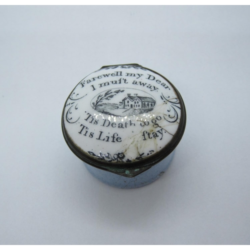 425 - A Bilston enamel circular Pill Box, the hinged lid printed monochrome, housed in a landscape and mot... 