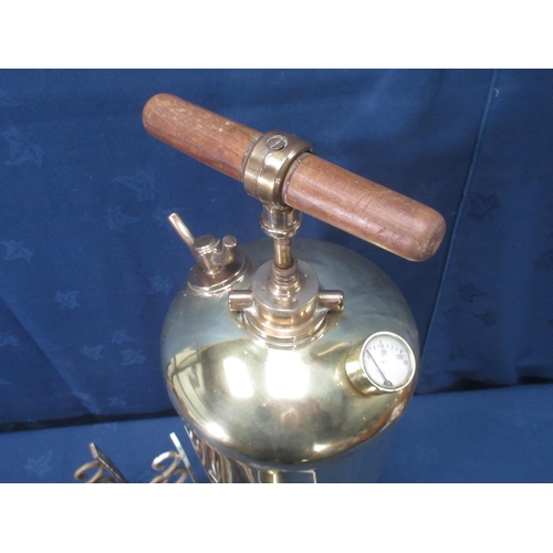 576 - An old brass Fire Extinguisher, 2ft 4in H, a brass and glass Light Fitting and six brass Brackets, 1... 