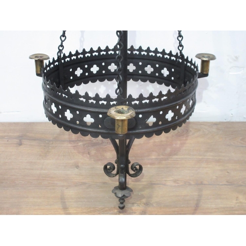 577 - A wrought iron church Ceiling Light with three brass sconces, 5ft 5in H