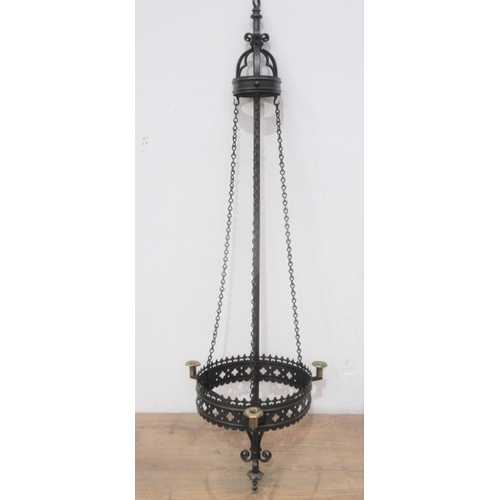 577 - A wrought iron church Ceiling Light with three brass sconces, 5ft 5in H