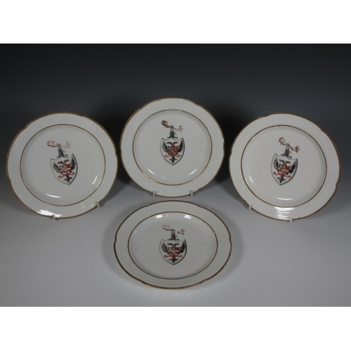 494 - Four Meissen Plates with shaped gilt rims, central armorial with shield shape design, two birds, han... 