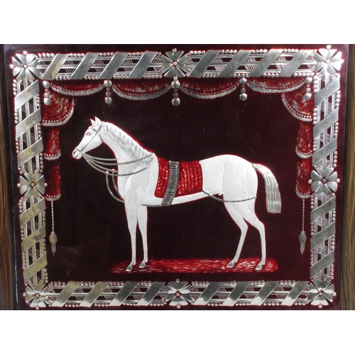 511 - A 19th Century American red glass and silver picture of a Horse in a curtained and geometric frame c... 