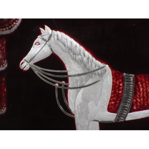 511 - A 19th Century American red glass and silver picture of a Horse in a curtained and geometric frame c... 