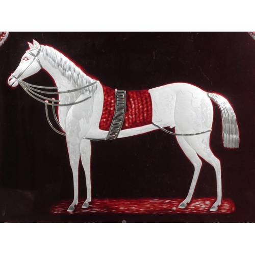 511 - A 19th Century American red glass and silver picture of a Horse in a curtained and geometric frame c... 