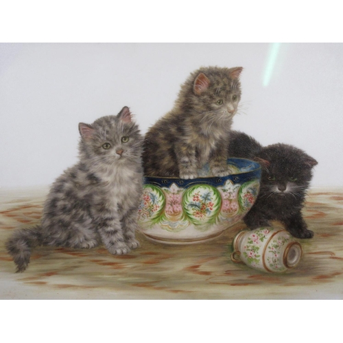 512 - A framed opaline glass picture by Bessie Bamber of three kittens in decorative bowl and a small vase... 