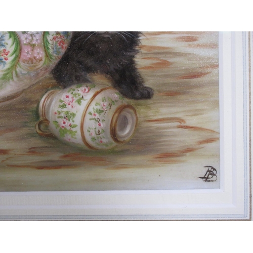 512 - A framed opaline glass picture by Bessie Bamber of three kittens in decorative bowl and a small vase... 