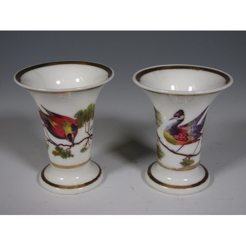 514 - A pair of miniature Chamberlain Worcester flared rim Vases painted exotic birds on branches (one wit... 