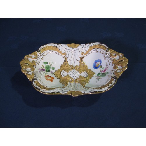 517 - A Meissen two-handled Dish painted flowers in embossed gilt borders, crossed swords mark, 12 in