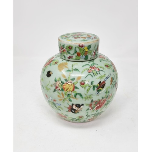 520 - A Cantonese ovoid Jar and Cover painted birds, insect and flowers on a celadon ground, 7in.