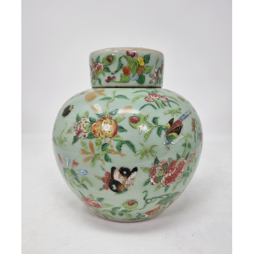 520 - A Cantonese ovoid Jar and Cover painted birds, insect and flowers on a celadon ground, 7in.