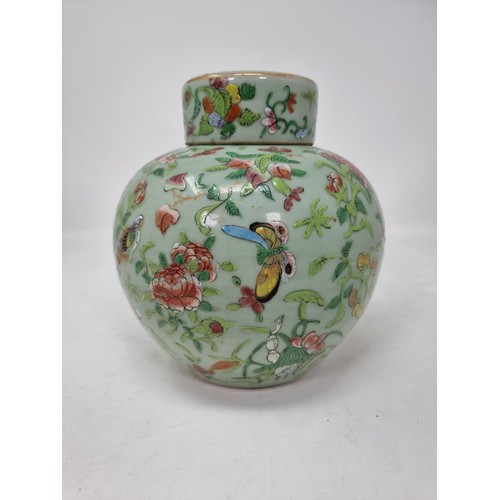 520 - A Cantonese ovoid Jar and Cover painted birds, insect and flowers on a celadon ground, 7in.