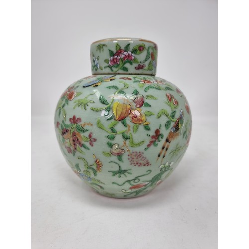 520 - A Cantonese ovoid Jar and Cover painted birds, insect and flowers on a celadon ground, 7in.