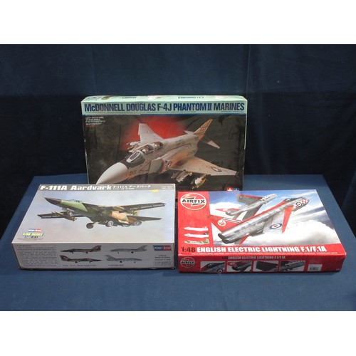 48 - A Tamiya 1/32 Scale F-4J Phantom II Kit, an Airfix 1/48 Scale English Electric Lightening and a Hobb... 