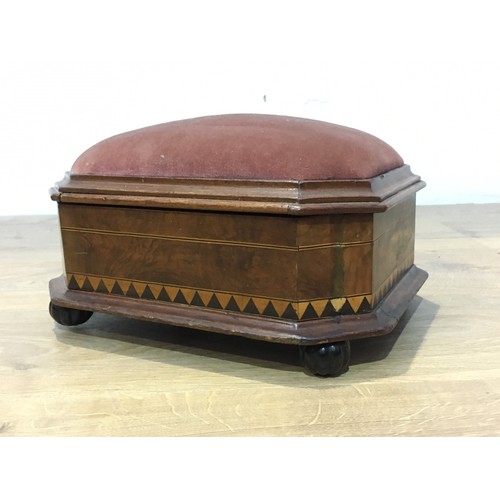 148 - A Victorian octagonal walnut veneered Box Stool with red cushioned top above sides decorated with bo... 