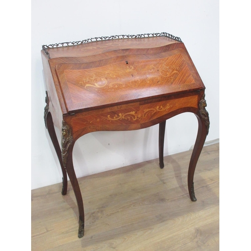 448 - A late 19th Century mahogany and marquetry inlaid ladies Bureau with brass interlocking branch galle... 