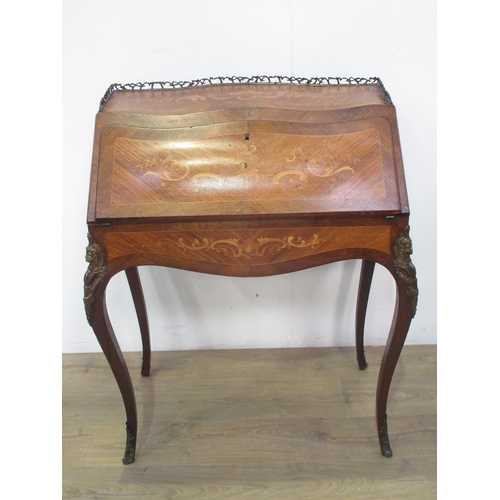 448 - A late 19th Century mahogany and marquetry inlaid ladies Bureau with brass interlocking branch galle... 