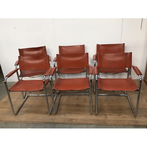 470 - A set of six chrome framed Armchairs with brown leather backs and seats in the style of Matio Grasi ... 