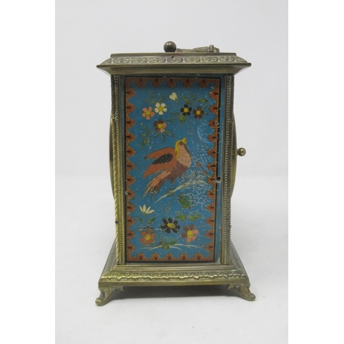 248 - A large enamel and brass Carriage Clock with circular dial marked DUFA with designs of birds and flo... 