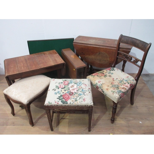 101 - A mahogany Sutherland Table, a mahogany Sofa Table, two Stools, a Dining Chair and an oak gateleg Ta... 