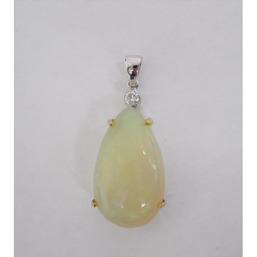 172 - An Opal and Diamond Pendant claw-set pear shaped opal cabochon below single brilliant-cut diamond