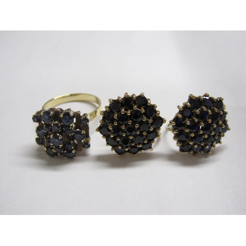 180 - A Sapphire Cluster Ring peg-set numerous round stones, ring size P and a pair of Cluster Earrings se... 