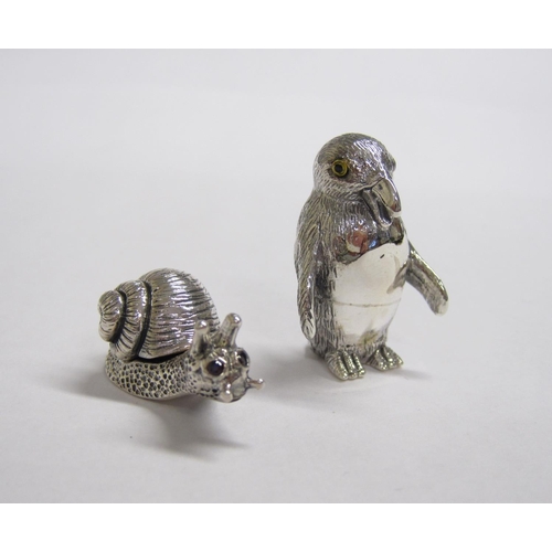 216 - Two modern silver small Models of Penguin and Snail with hinged shell, both stamped STERLING.