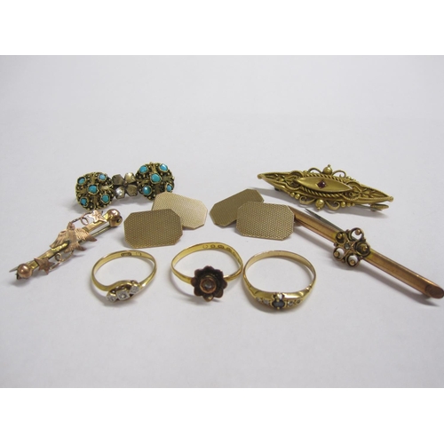 226 - A pair of 9ct gold Cufflinks approx 5 gms, 22ct gold, an 18ct gold Ring and various Bar Brooches.