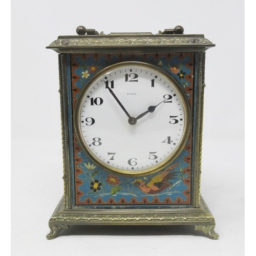 248 - A large enamel and brass Carriage Clock with circular dial marked DUFA with designs of birds and flo... 