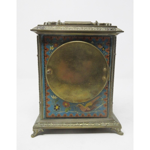 248 - A large enamel and brass Carriage Clock with circular dial marked DUFA with designs of birds and flo... 