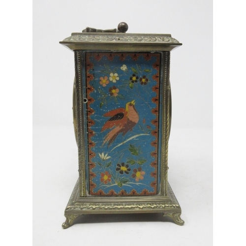 248 - A large enamel and brass Carriage Clock with circular dial marked DUFA with designs of birds and flo... 