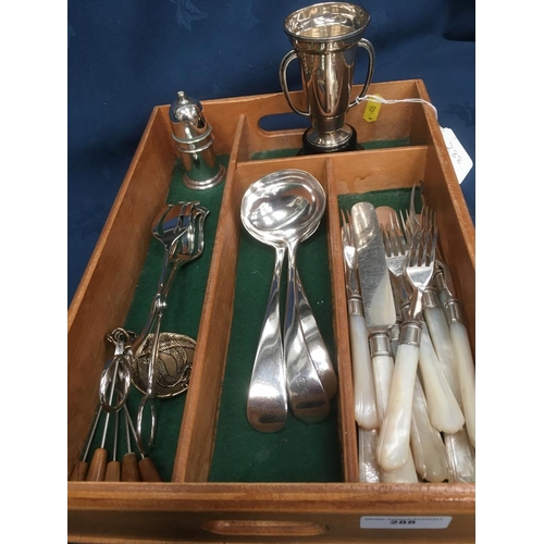 288 - A small silver two-handled Trophy on plinth, three plated Sauce Ladles, plated Dessert Knives and Fo... 