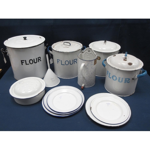 30 - Four enamel Flour Bins, six Plates, Roaster, Funnel, etc.