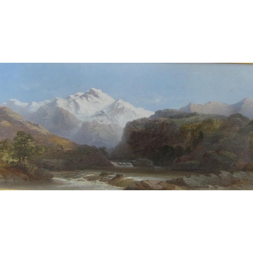 341 - J. POOLE. A river landscape with mountains beyond, oil on canvas, laid down on board, 9 x 16 1/2 in;... 