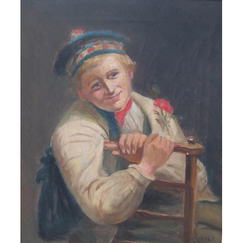 347 - S.McROBEY. Portrait of a young man, seated, wearing a tam o'shanter, signed, oil on canvas, 12 x 10 ... 