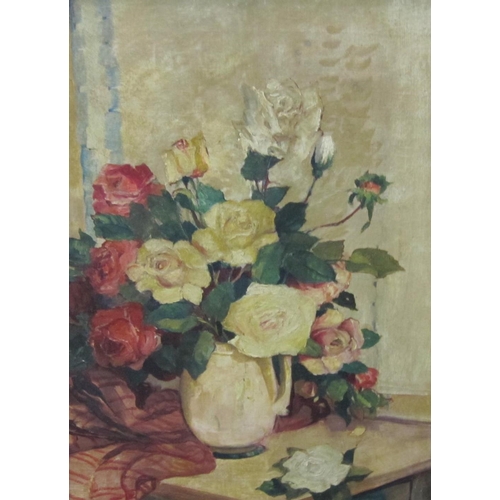 348 - FOLLOWER OF GEORGE LESLIE HUNTER. A still life of mixed roses in a vase, on a ledge, oil on canvas, ... 