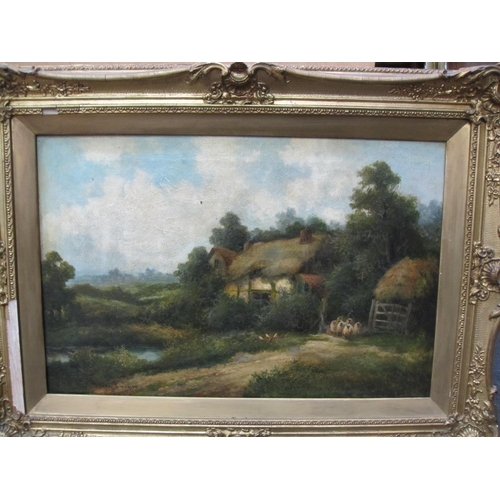 354 - HENRY COOPER. A farm cottage by a pond with sheep by a gateway, signed, oil on canvas, 20 x 26 in.