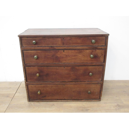 391 - An antique elm Chest of four long drawers lacking feet 3ft 6in W x 3ft 1in H