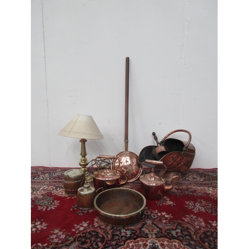 405 - A brass Coal Scuttle, two Kettles, a Warming Pan, Storage Jars and a Table Lamp and shade. (Passed P... 