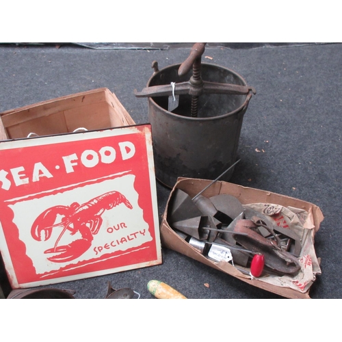 41 - A quantity of Kitchen Utensils, a brass Toffee Thermometer, a Meatpress, Fruit Basket, etc.